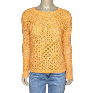 Talbots Womens Crewneck Sweater Small Petite Pointelle Open Knit Orange Marl